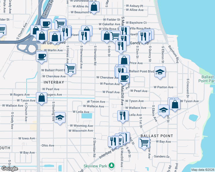 map of restaurants, bars, coffee shops, grocery stores, and more near 3120 West Paxton Avenue in Tampa