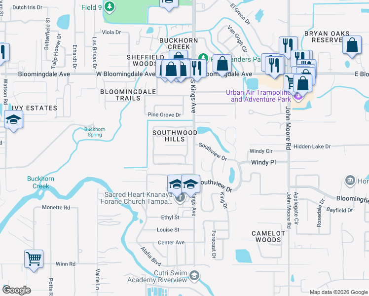 map of restaurants, bars, coffee shops, grocery stores, and more near 3610 Oak Bark Lane in Brandon