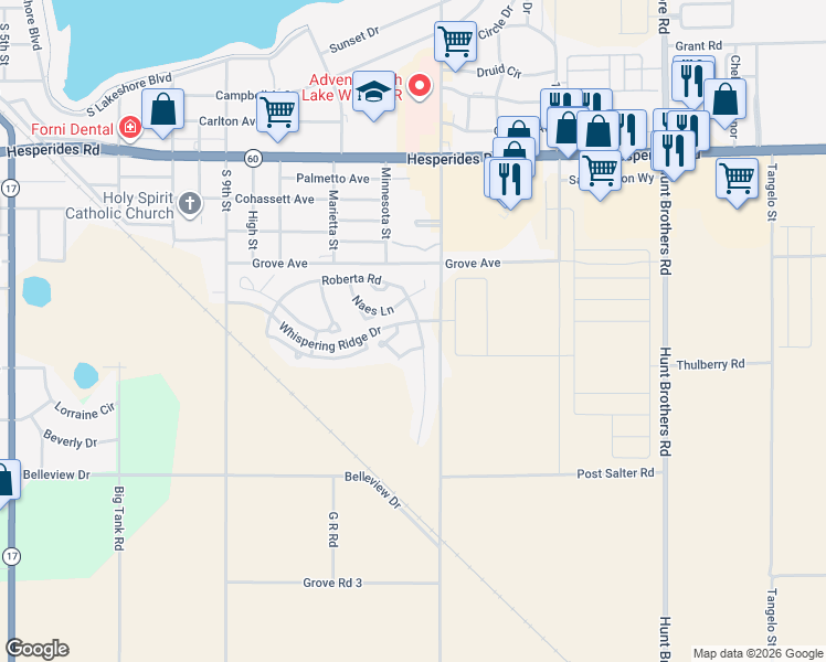 map of restaurants, bars, coffee shops, grocery stores, and more near 1071 Roberta Road in Lake Wales