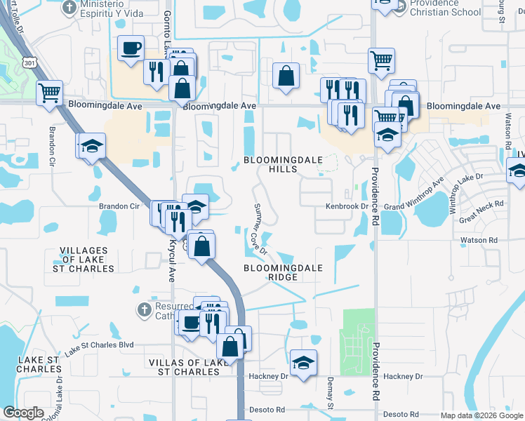map of restaurants, bars, coffee shops, grocery stores, and more near 6526 Summer Cove Drive in Riverview