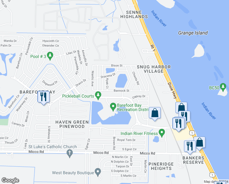 map of restaurants, bars, coffee shops, grocery stores, and more near 5379 Bannock Street in Micco