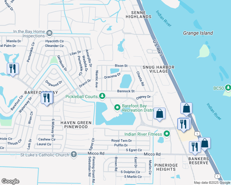 map of restaurants, bars, coffee shops, grocery stores, and more near 5367 Bannock Street in Micco