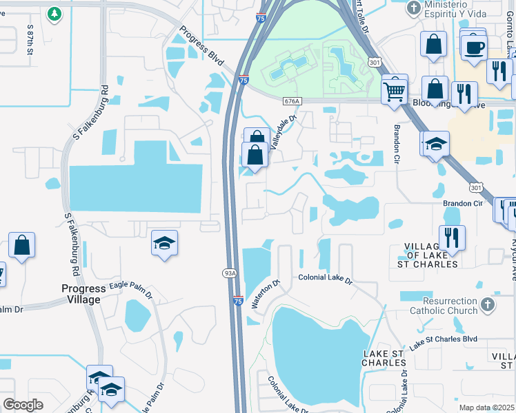 map of restaurants, bars, coffee shops, grocery stores, and more near 6415 Hollydale Place in Riverview