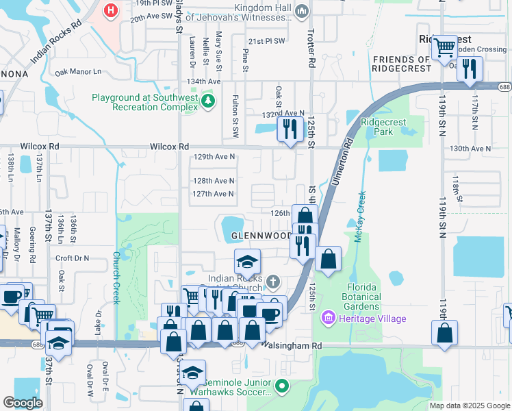 map of restaurants, bars, coffee shops, grocery stores, and more near 12501 Ulmerton Road in Largo
