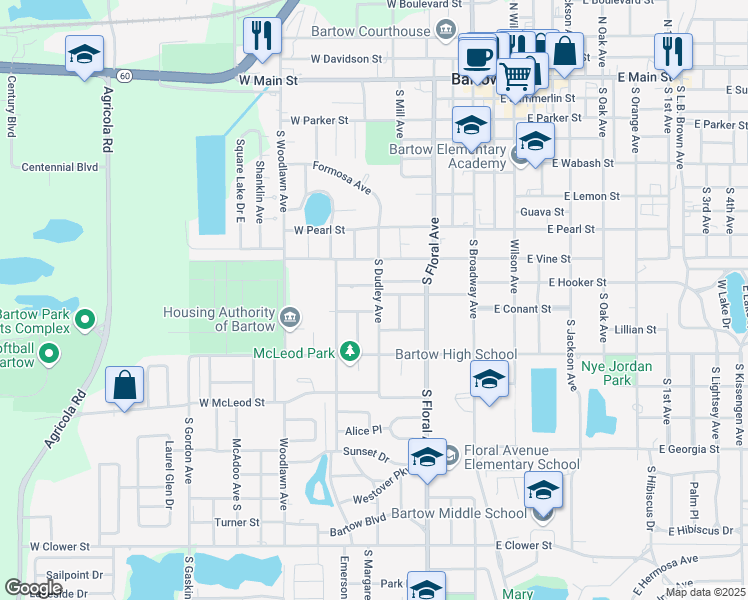 map of restaurants, bars, coffee shops, grocery stores, and more near 955 South Dudley Avenue in Bartow
