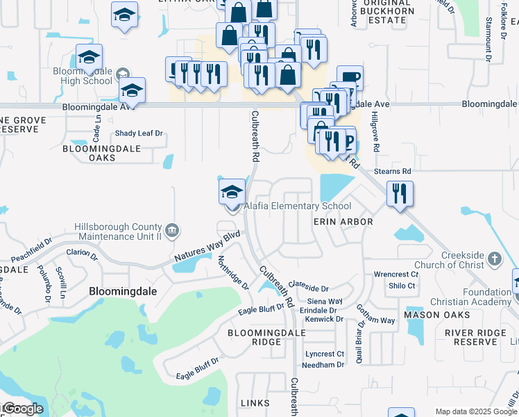 map of restaurants, bars, coffee shops, grocery stores, and more near 3716 Hollow Wood Drive in Valrico