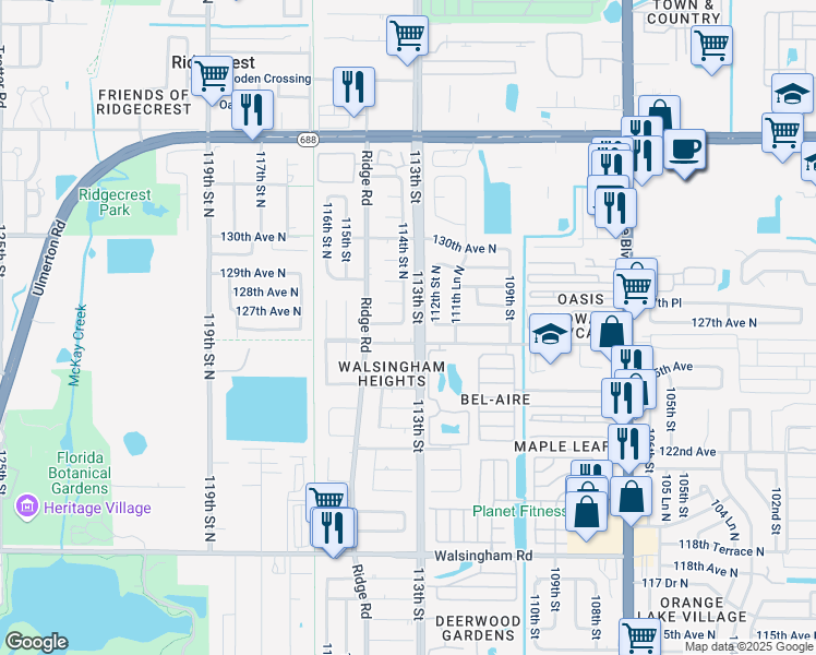 map of restaurants, bars, coffee shops, grocery stores, and more near 11438 126th Terrace in Largo