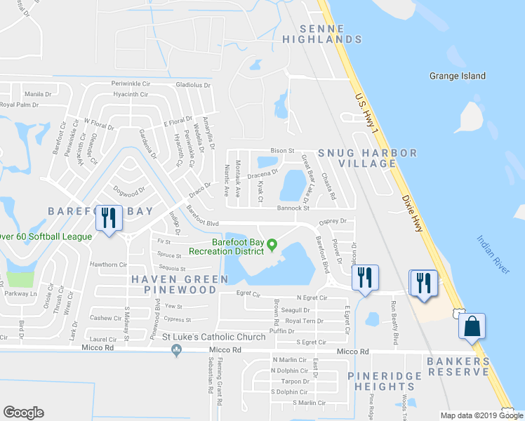map of restaurants, bars, coffee shops, grocery stores, and more near 5359 Bannock Street in Micco