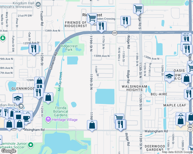 map of restaurants, bars, coffee shops, grocery stores, and more near 12660 118th Street in Largo