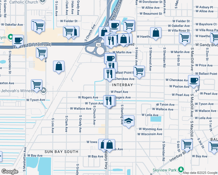 map of restaurants, bars, coffee shops, grocery stores, and more near 5254 Florida 573 in Tampa