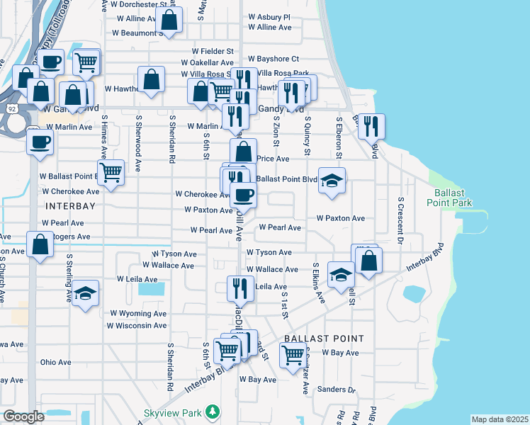 map of restaurants, bars, coffee shops, grocery stores, and more near 2919 West Paxton Avenue in Tampa