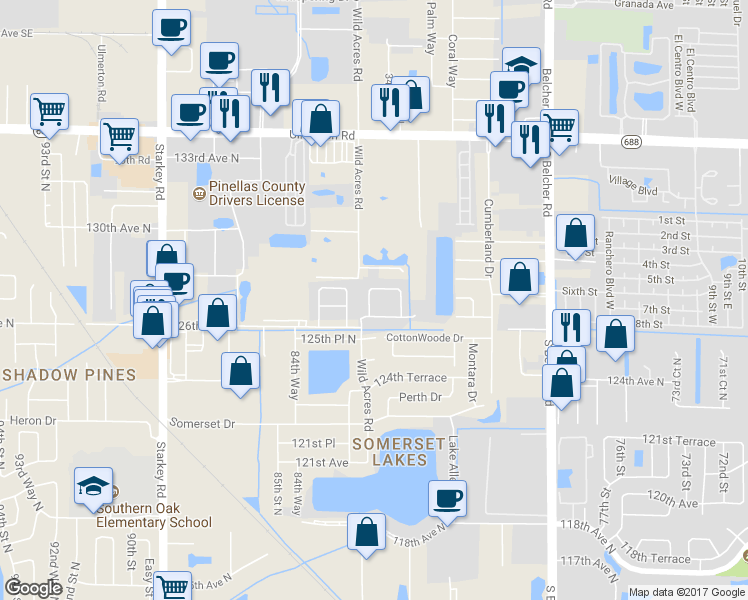 map of restaurants, bars, coffee shops, grocery stores, and more near 8260 Wild Oaks Circle in Largo