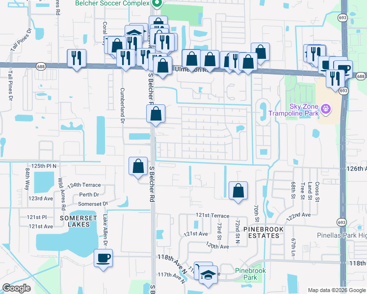 map of restaurants, bars, coffee shops, grocery stores, and more near 756 Ranchero Boulevard West in Largo