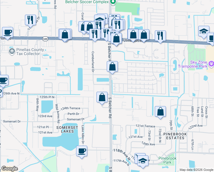 map of restaurants, bars, coffee shops, grocery stores, and more near 7812 Tiburon Drive in Largo
