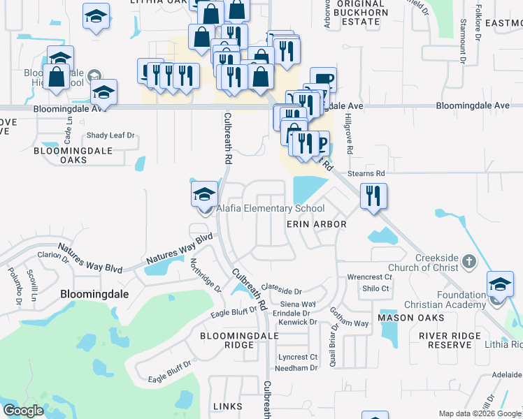 map of restaurants, bars, coffee shops, grocery stores, and more near 3706 Treeline Drive in Valrico