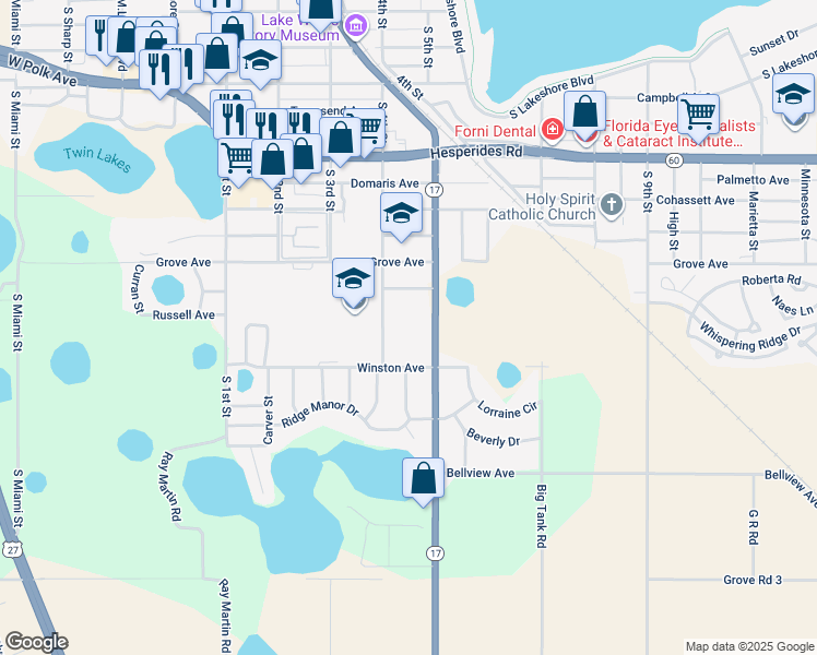 map of restaurants, bars, coffee shops, grocery stores, and more near 420 Russell Avenue in Lake Wales
