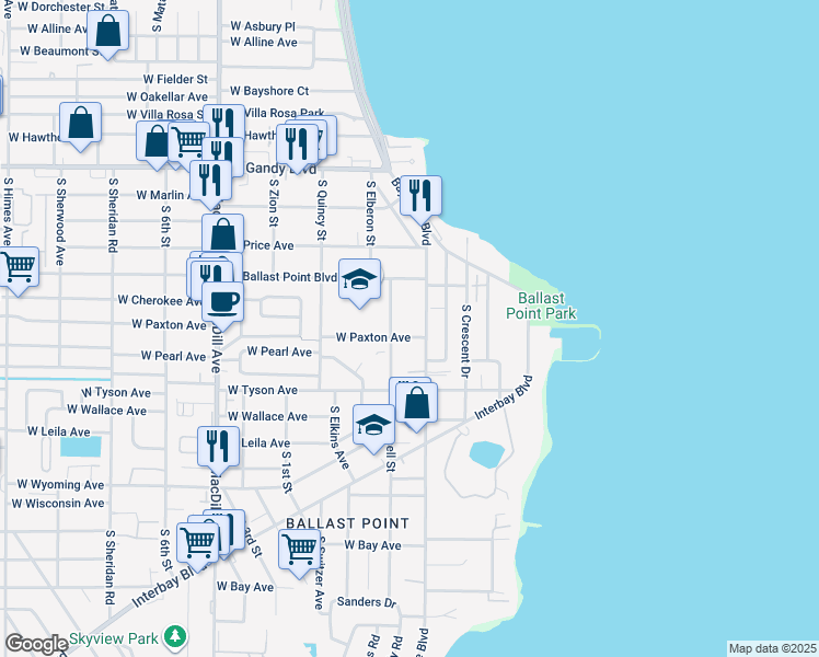 map of restaurants, bars, coffee shops, grocery stores, and more near 5221 Bayshore Boulevard in Tampa