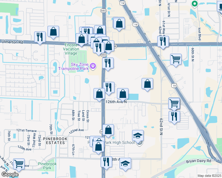 map of restaurants, bars, coffee shops, grocery stores, and more near 6555 Black Mangrove Drive in Largo