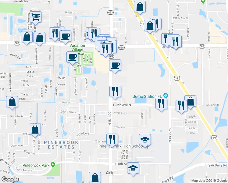 map of restaurants, bars, coffee shops, grocery stores, and more near 6555 Black Mangrove Drive in Largo