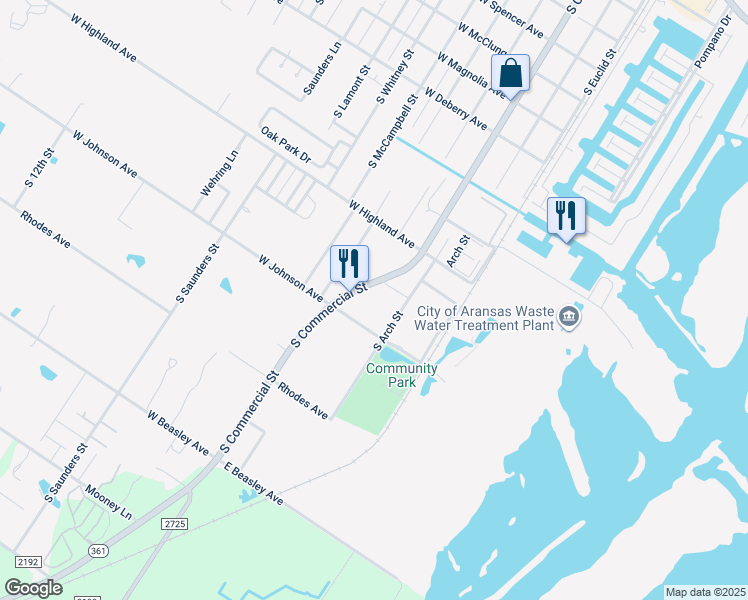 map of restaurants, bars, coffee shops, grocery stores, and more near 1504 South Arch Street in Aransas Pass
