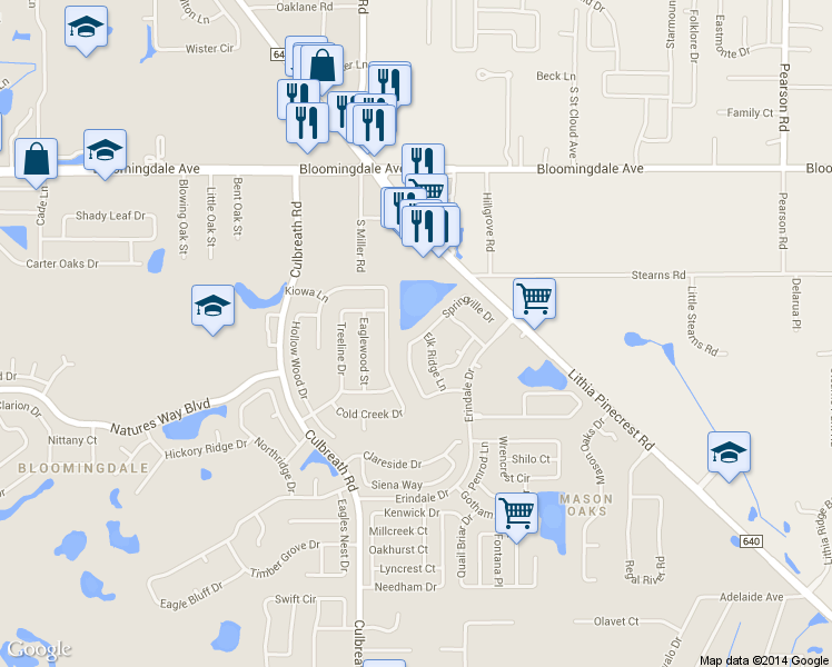 map of restaurants, bars, coffee shops, grocery stores, and more near 3539 Springville Dr in Valrico