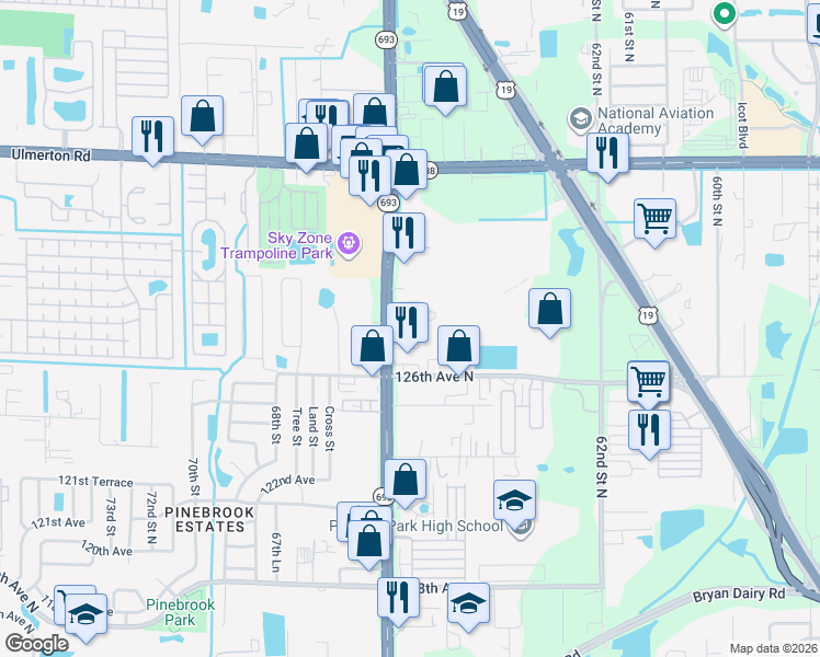 map of restaurants, bars, coffee shops, grocery stores, and more near 6555 Black Mangrove Drive in Largo