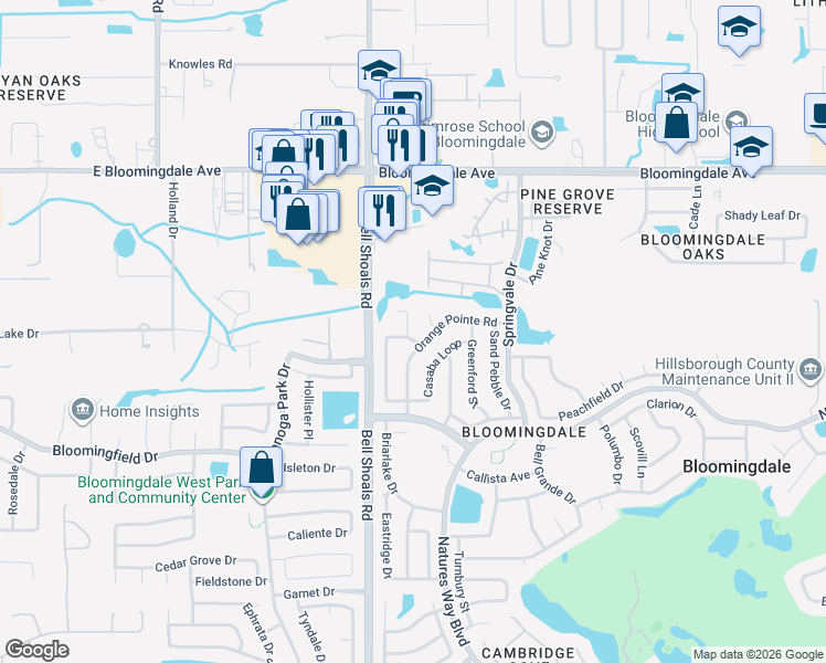map of restaurants, bars, coffee shops, grocery stores, and more near 3616 Greenstone Place in Valrico