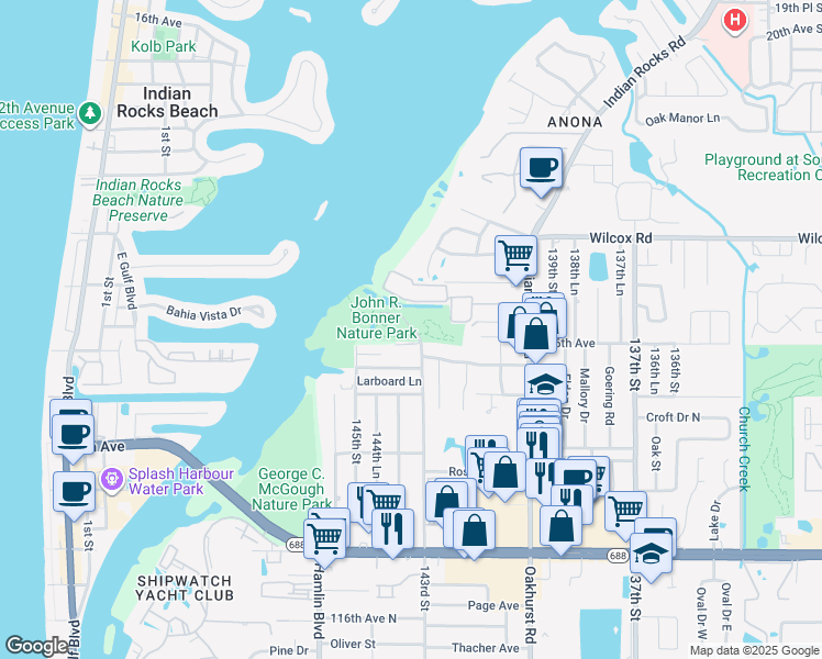 map of restaurants, bars, coffee shops, grocery stores, and more near 14444 143rd Street in Largo