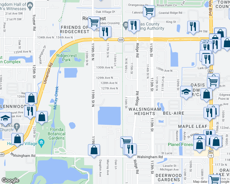 map of restaurants, bars, coffee shops, grocery stores, and more near 11685 126th Terrace in Largo