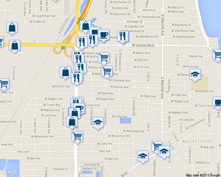 map of restaurants, bars, coffee shops, grocery stores, and more near 3414 West Paxton Avenue in Tampa