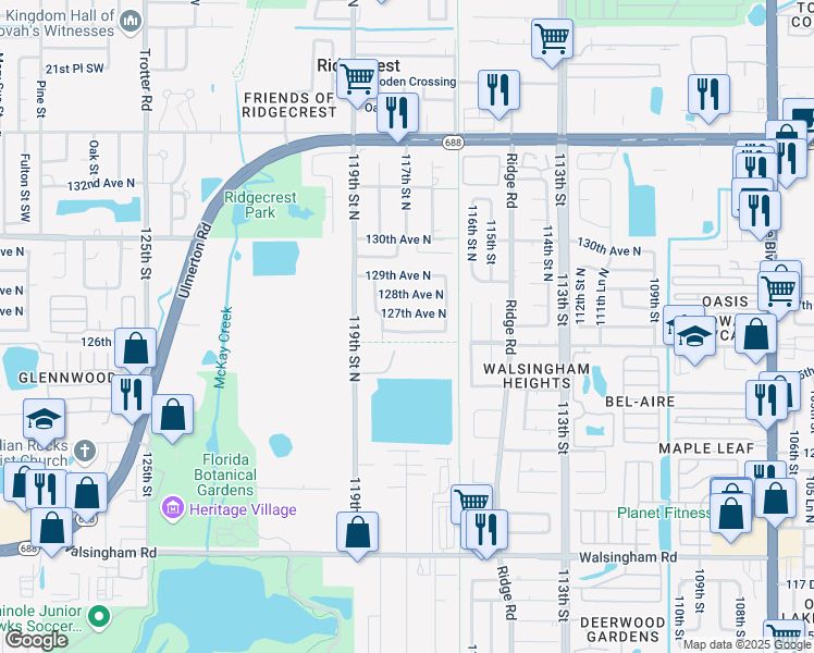 map of restaurants, bars, coffee shops, grocery stores, and more near 11745 126th Terrace North in Seminole