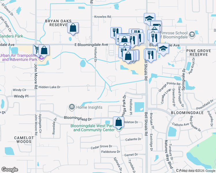 map of restaurants, bars, coffee shops, grocery stores, and more near 612 Hidden Lake Drive in Brandon
