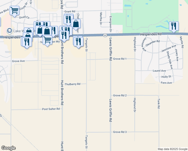 map of restaurants, bars, coffee shops, grocery stores, and more near Tangelo Street in Lake Wales