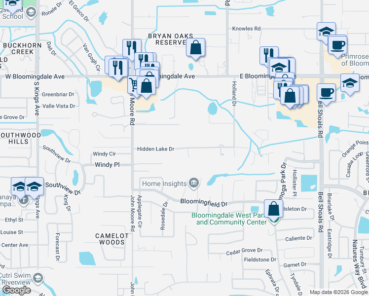map of restaurants, bars, coffee shops, grocery stores, and more near 304 Hidden Lake Drive in Brandon