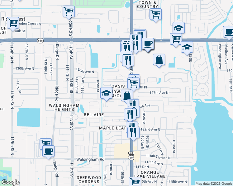 map of restaurants, bars, coffee shops, grocery stores, and more near 12674 Seminole Boulevard in Largo