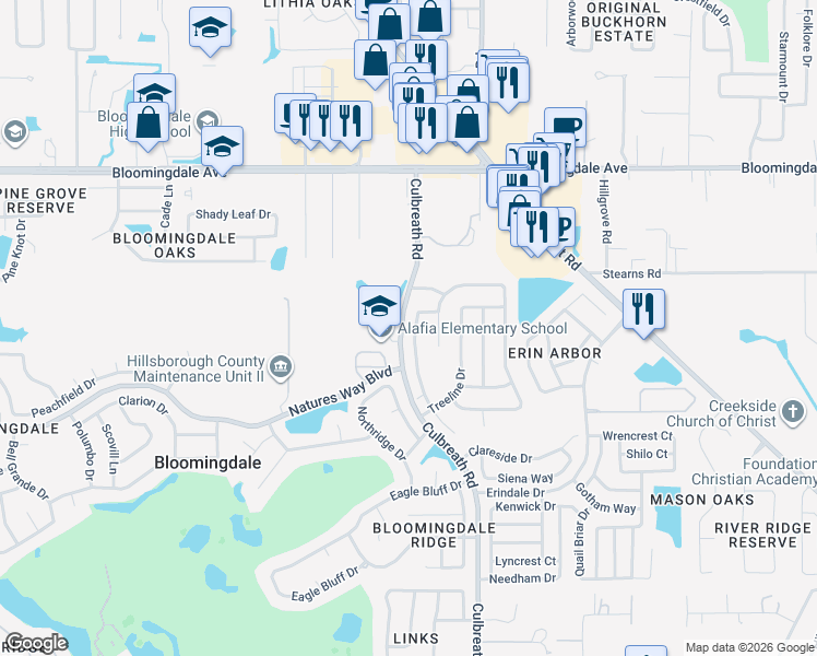 map of restaurants, bars, coffee shops, grocery stores, and more near 3713 Hollow Wood Drive in Valrico