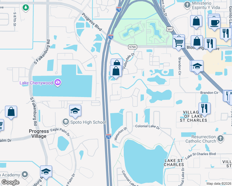 map of restaurants, bars, coffee shops, grocery stores, and more near 6415 Hollydale Place in Riverview