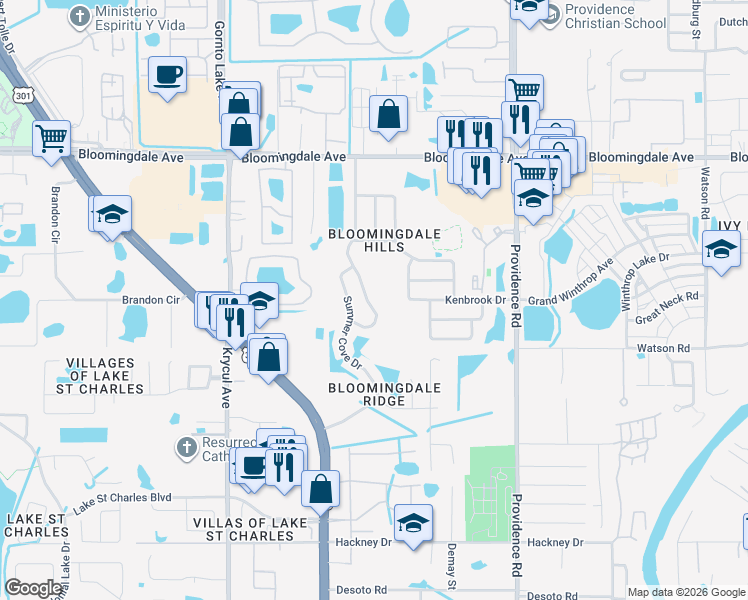map of restaurants, bars, coffee shops, grocery stores, and more near 6238 Cricket Hollow Drive in Riverview