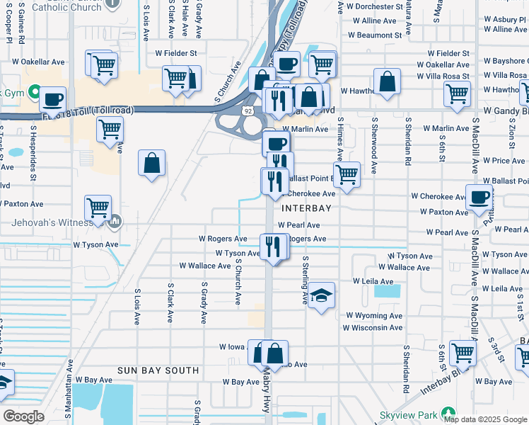 map of restaurants, bars, coffee shops, grocery stores, and more near 5254 Florida 573 in Tampa