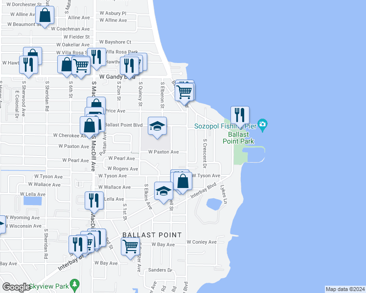map of restaurants, bars, coffee shops, grocery stores, and more near 5221 Bayshore Boulevard in Tampa