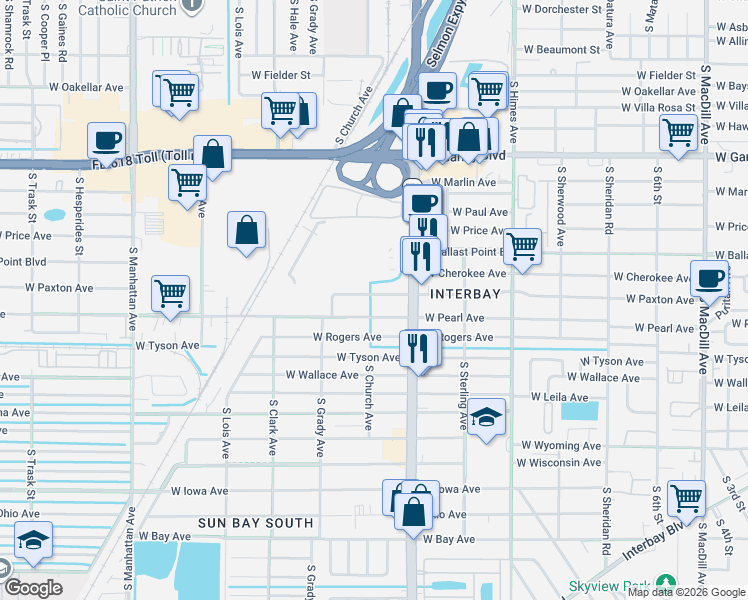map of restaurants, bars, coffee shops, grocery stores, and more near 3810 West Paxton Avenue in Tampa