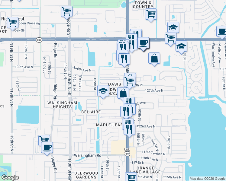 map of restaurants, bars, coffee shops, grocery stores, and more near 12674 Seminole Boulevard in Largo