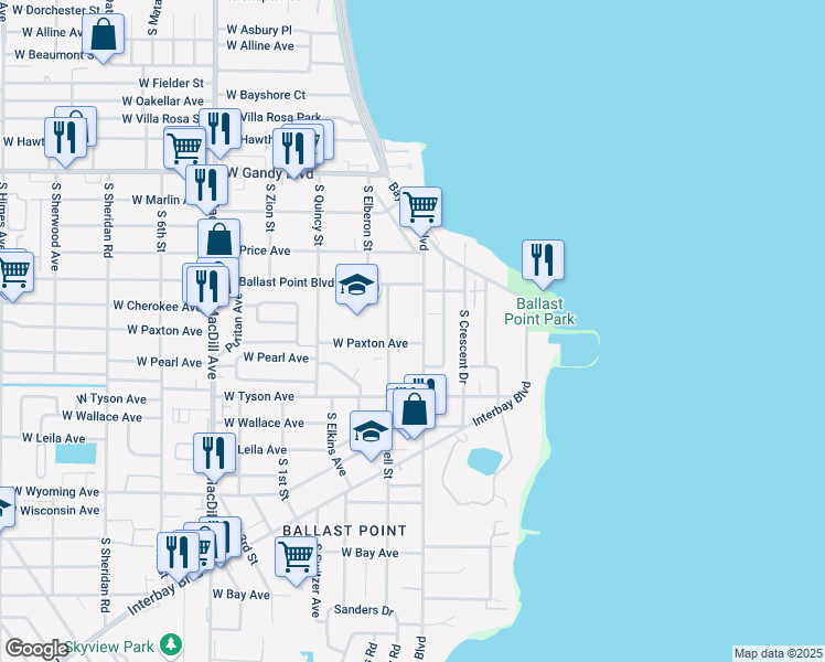 map of restaurants, bars, coffee shops, grocery stores, and more near 5221 Bayshore Boulevard in Tampa