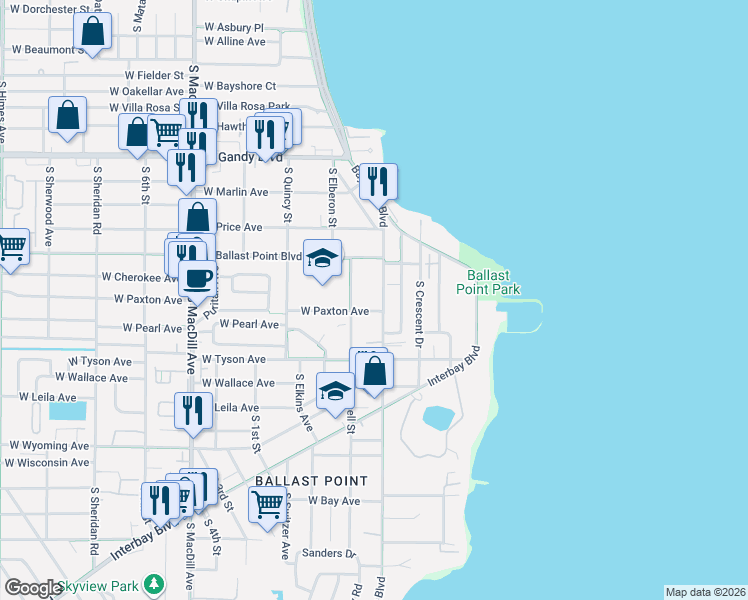 map of restaurants, bars, coffee shops, grocery stores, and more near 5221 Bayshore Boulevard in Tampa