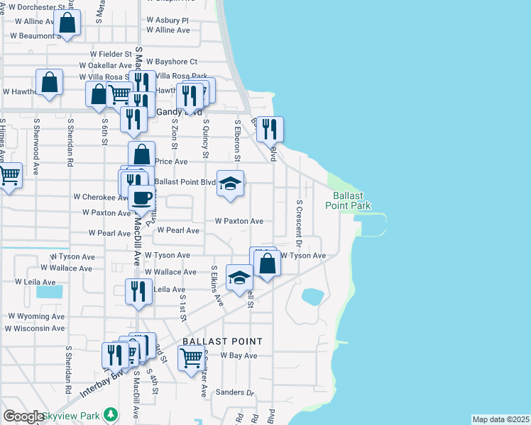 map of restaurants, bars, coffee shops, grocery stores, and more near 5221 Bayshore Boulevard in Tampa