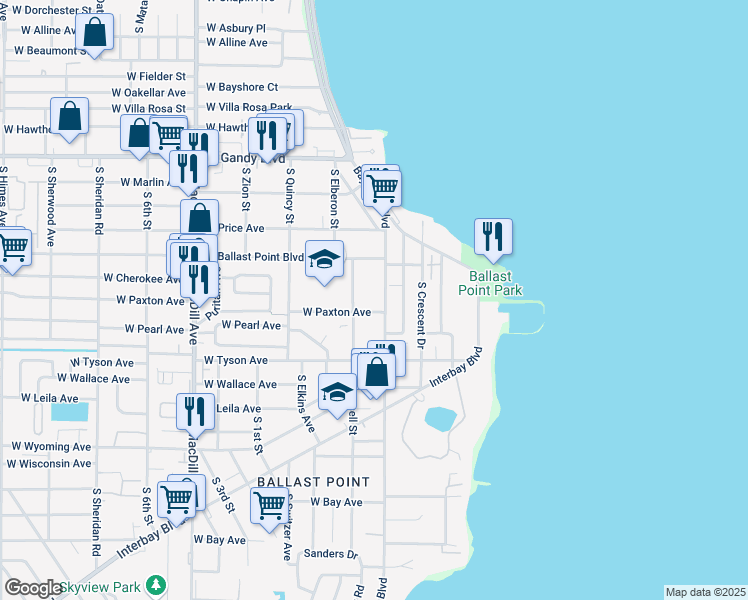 map of restaurants, bars, coffee shops, grocery stores, and more near 5221 Bayshore Boulevard in Tampa