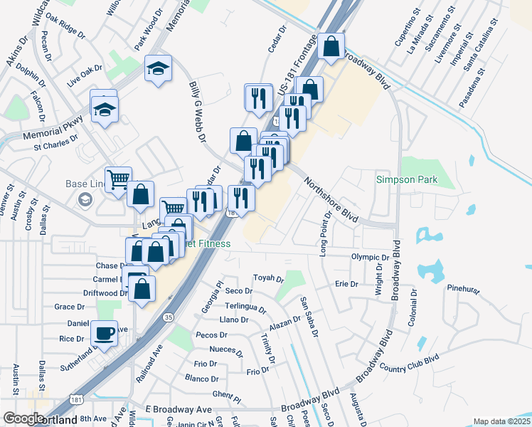 map of restaurants, bars, coffee shops, grocery stores, and more near 1702 U.S. 181 in Portland