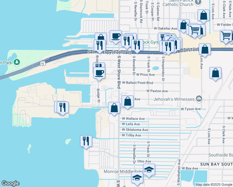 map of restaurants, bars, coffee shops, grocery stores, and more near 5215 South Westshore Boulevard in Tampa