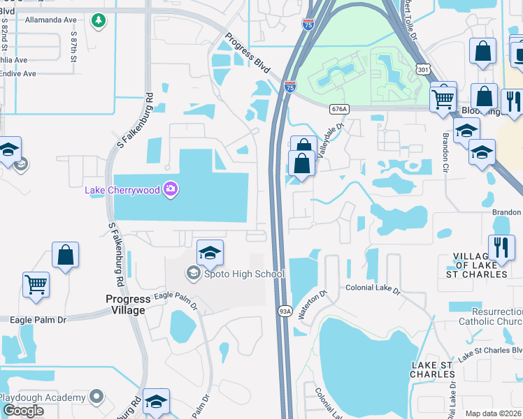 map of restaurants, bars, coffee shops, grocery stores, and more near 6308 Magnolia Park Boulevard in Riverview