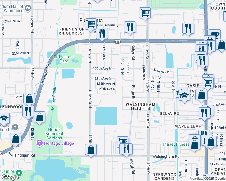map of restaurants, bars, coffee shops, grocery stores, and more near 11664 127th Avenue in Largo